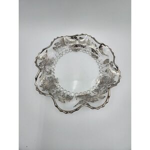 Vintage Silver Overlay Candy Dish plate Clear Glass ruffle edge